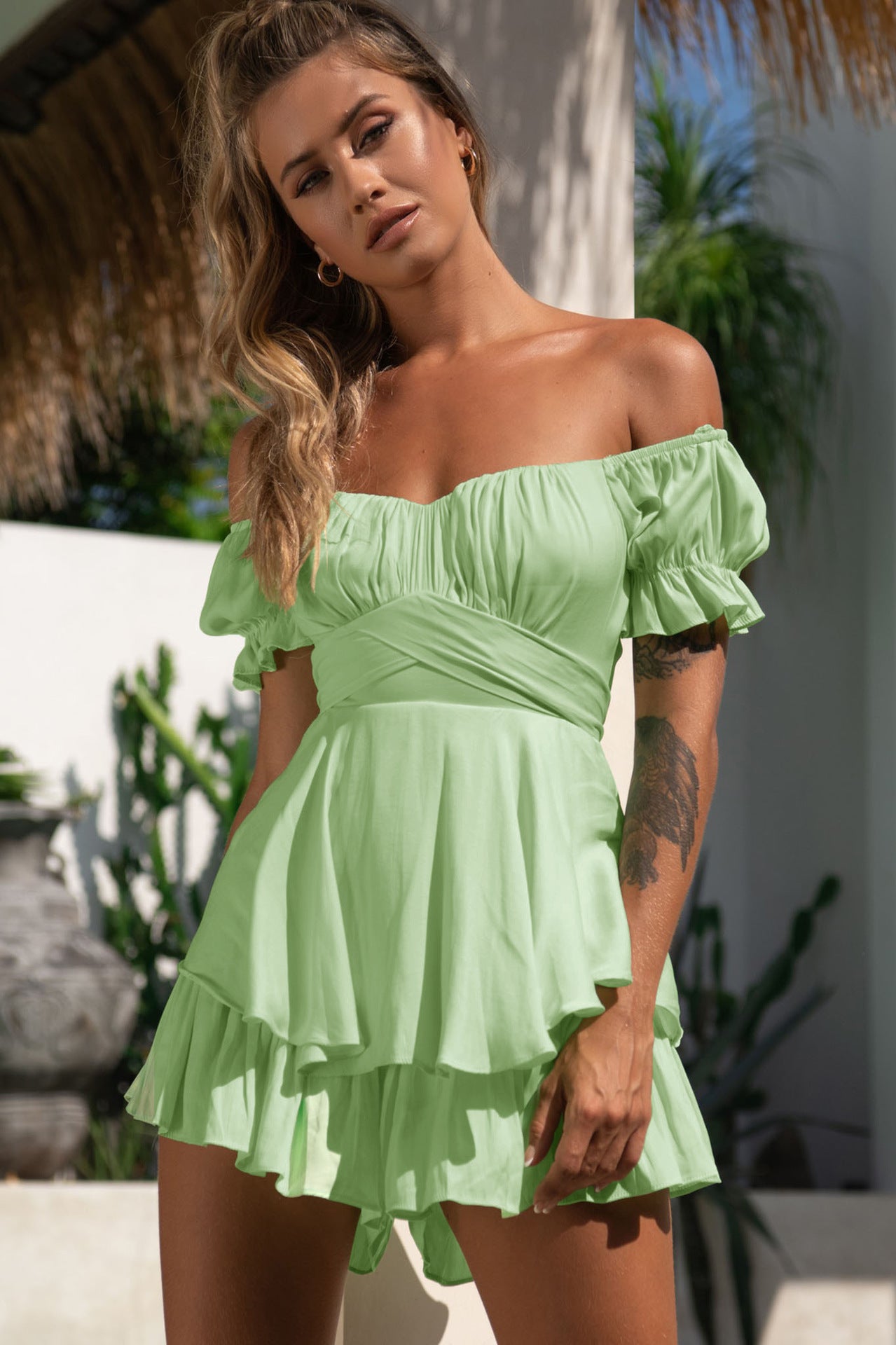 Jumpsuit Solid Color Fashion Sexy Off Shoulder Lantern Ruffle Sleeve Casual Summer Women's Shorts 8