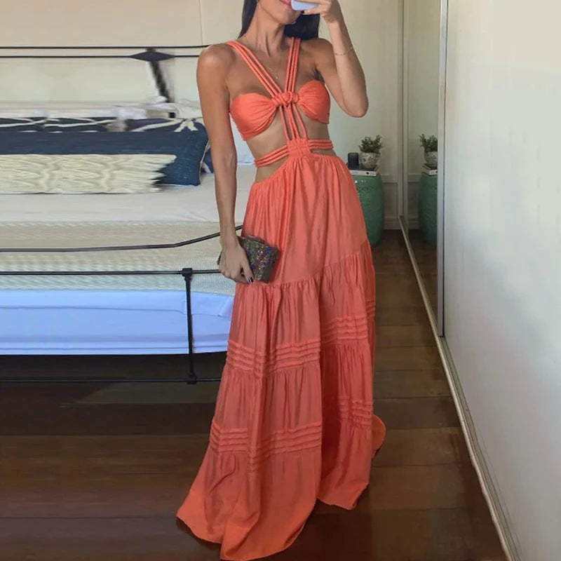 Summer Fashionable And Sexy Strap Solid Color Hollow Long Dress 4