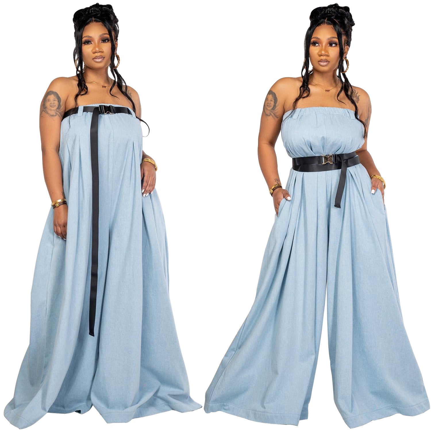 Fashion Long Strapless Wide Leg Pants Summer Jumpsuit With Belt 7