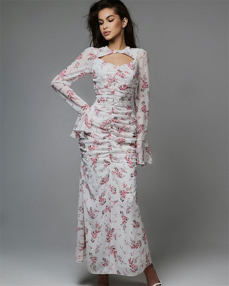 Women pleated printed chiffon dress 3