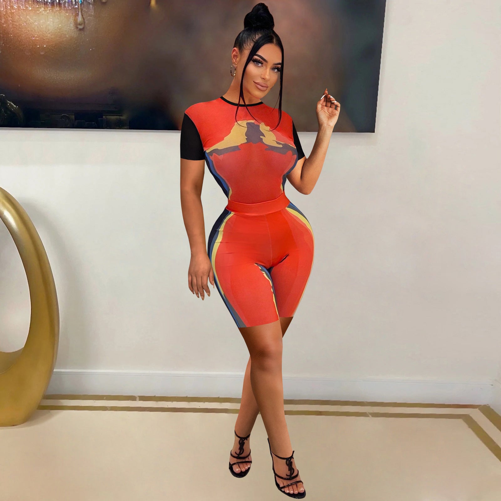 Women Tie Dye Print Round Neck Short Sleeve Top and Short Two-Piece Set 5