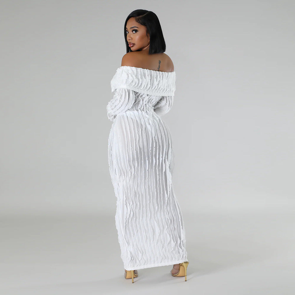 Spring Summer Women Fashion Sexy See-Through Off Shoulder Shirt Button Long Dress 5