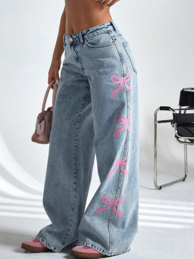 Women casual printed washed butterfly denim pants 6