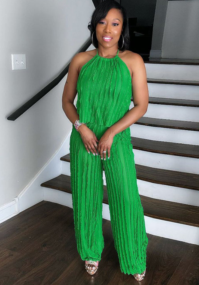 Summer Sexy Halter Neck Low Back Sleeveless Ruffle Women Two Piece Pants Set