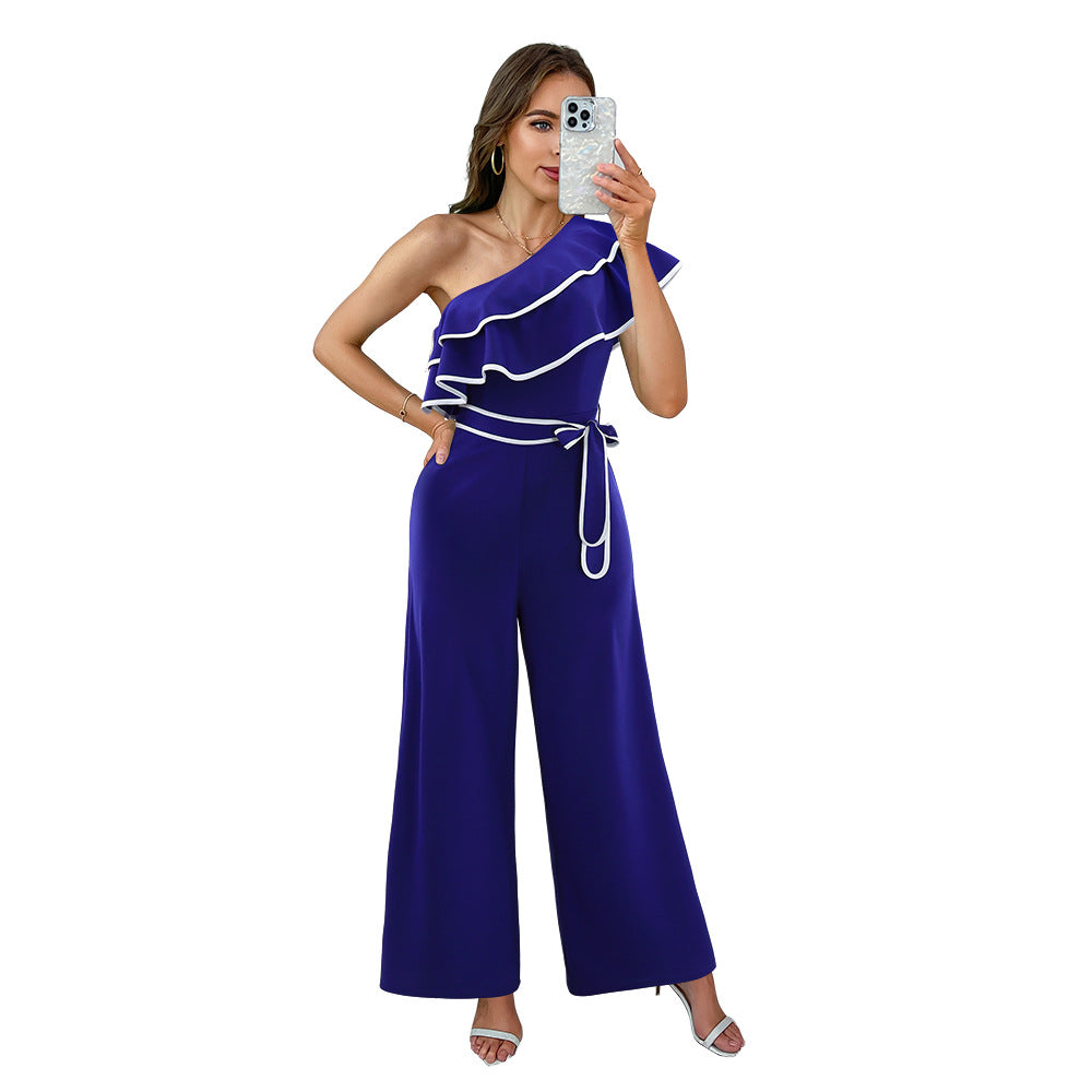 Fashionable Women's Slash Shoulder Belt Casual Wide-Leg Jumpsuit 8