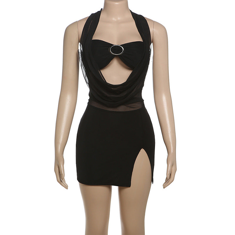 Women Spring Sexy Halter Neck Lace-Up Backless Mesh Bodycon Dress 8