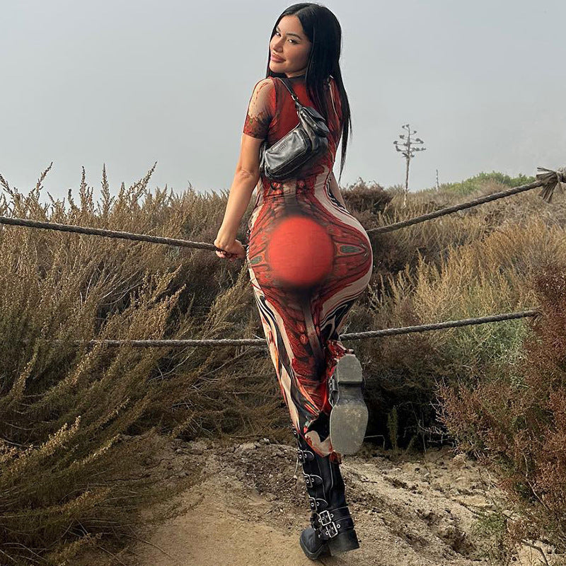 Women's Winter Fashion Sexy Printed Slim Slit Round Neck Short Sleeve Dress 5