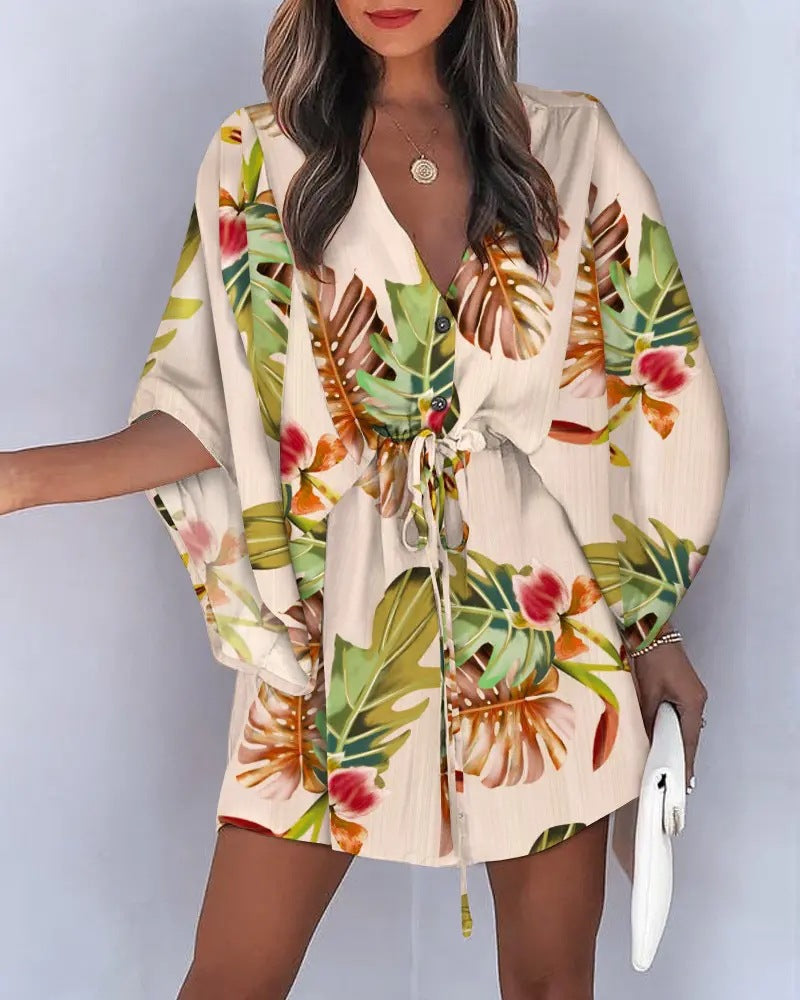 Women Summer Casual V-neck Bat Sleeves Printed Dress 12
