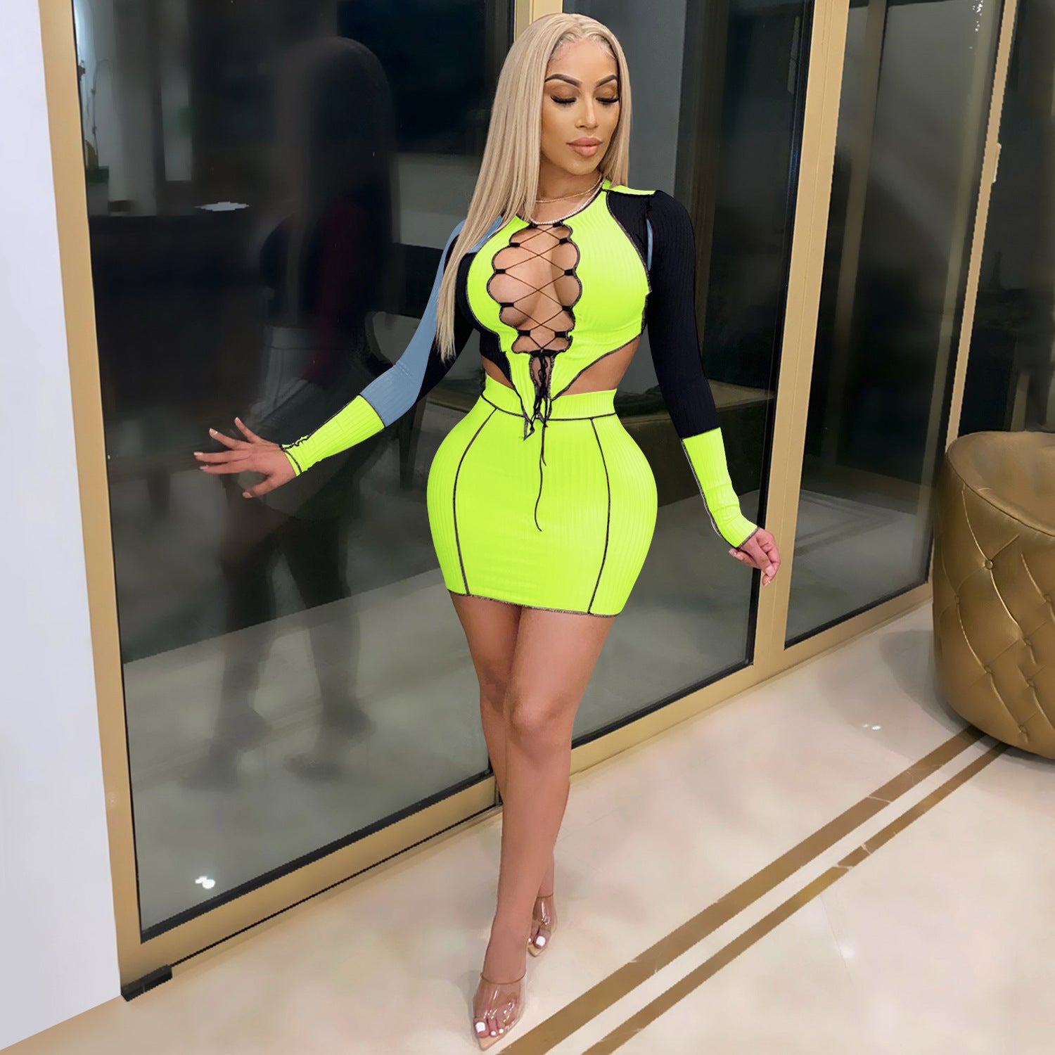 Women Lace-up Hollow Top and Skirt Two Piece Set 18