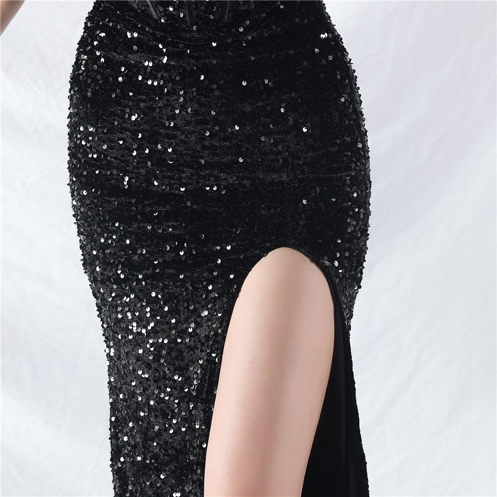 Women palace fishbone vest-ordered ostrich plush bottom sequined evening dress 20