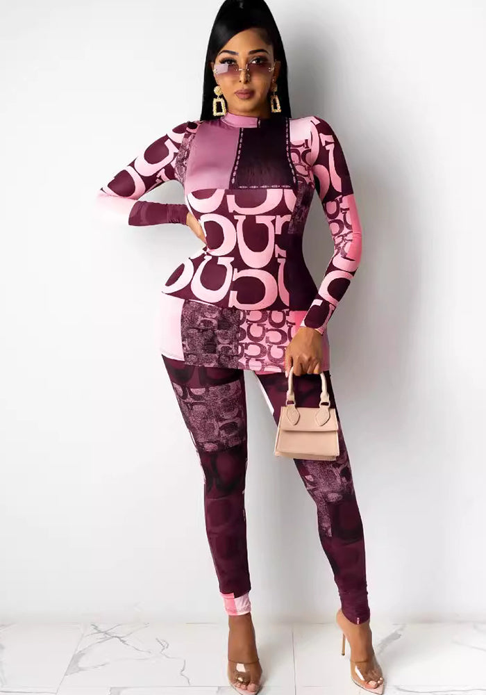Printed Women's High Neck Long Sleeve Casual Two Piece Pants Set