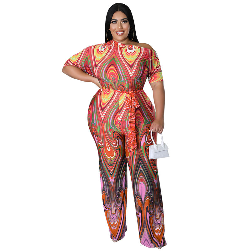Plus Size Women's Summer Slash Shoulder Print Short Sleeve Wide Leg Jumpsuit 8