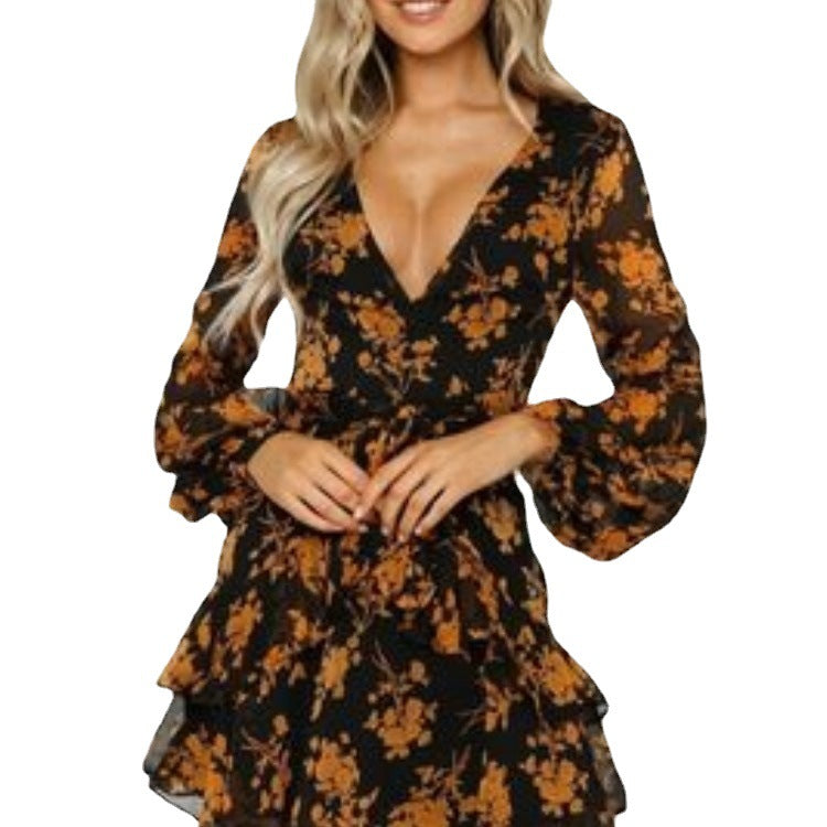 Spring and summer women's long-sleeved printed v-neck casual dress 6
