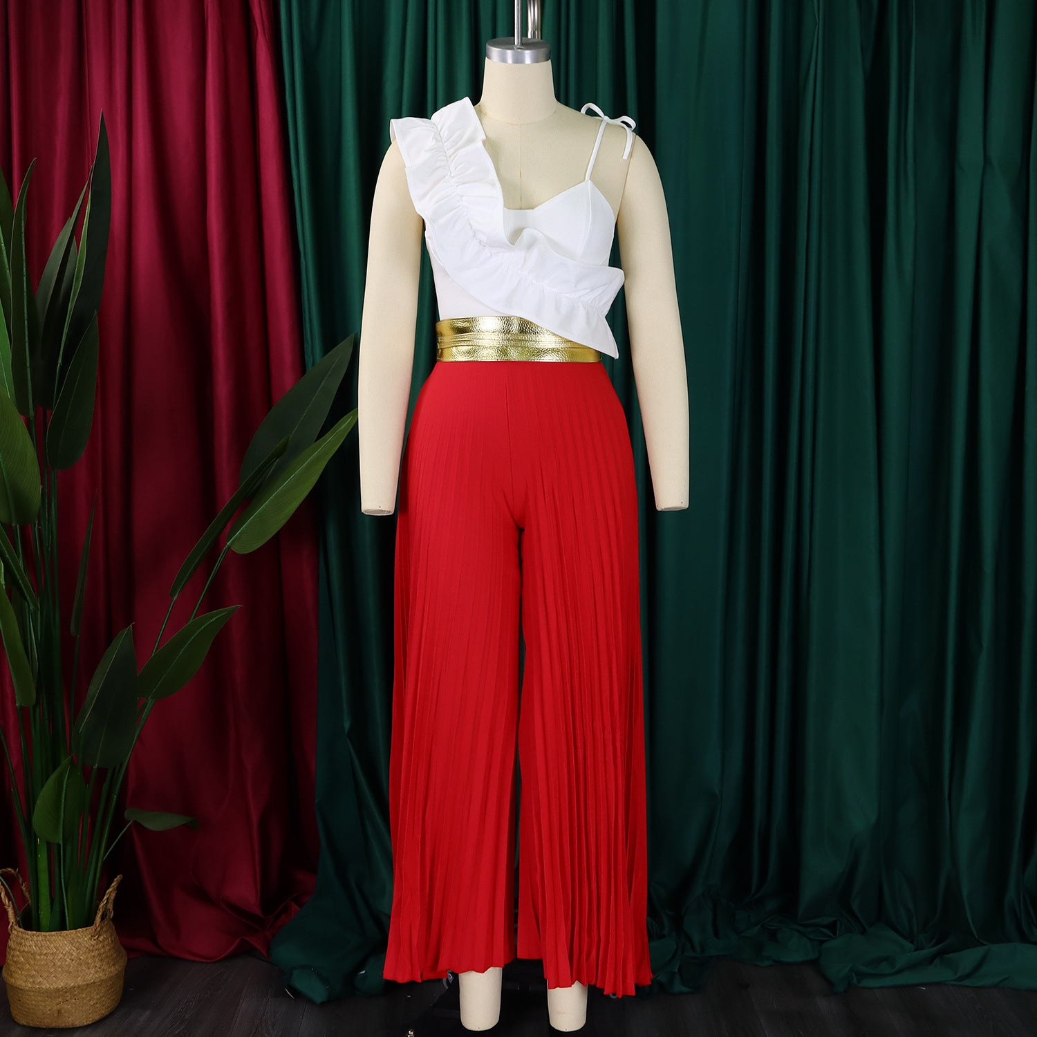 Women's Sexy Ruffle Sleeveless Top Wide Leg Pants Fashion Suit 20