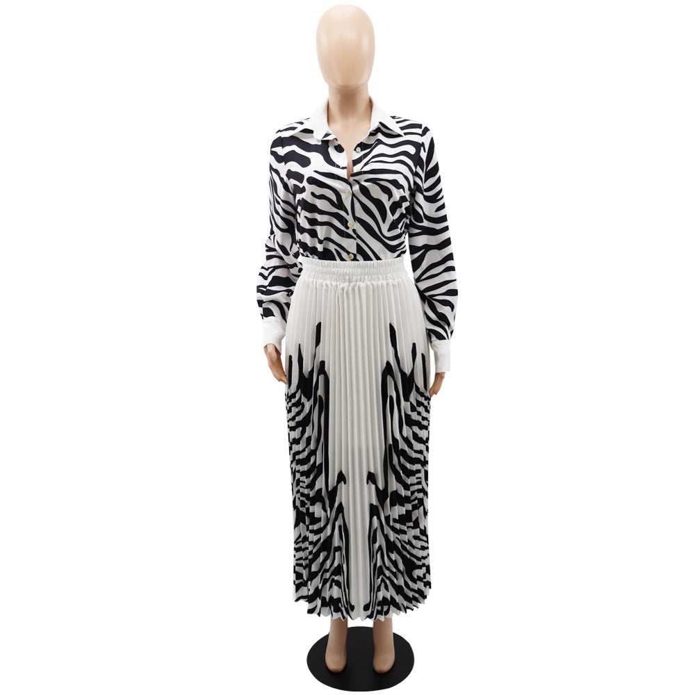 Women zebra print long-sleeved shirt and pleated skirt two-piece set 15