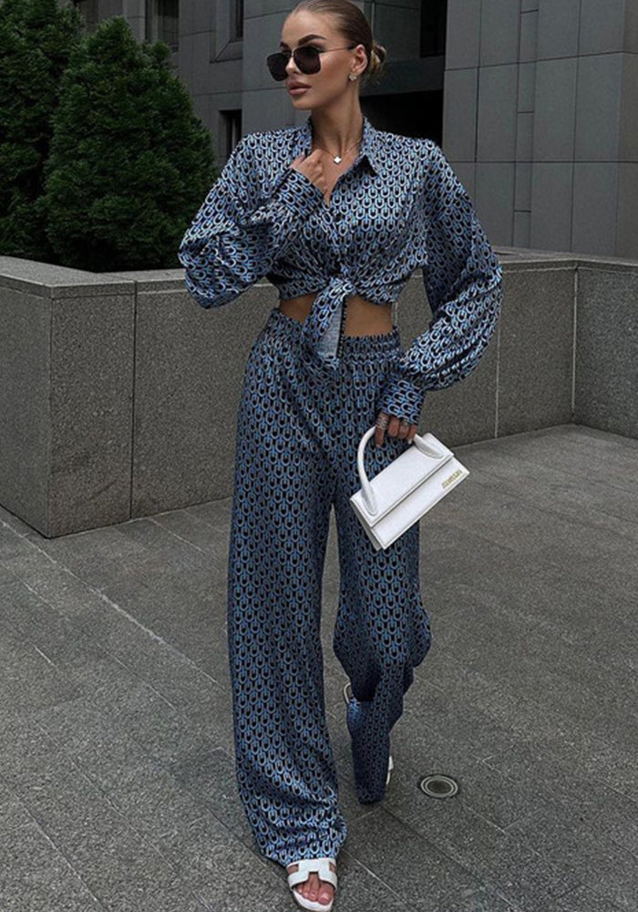 Autumn Chic Outfit Printed Long Sleeve Turndown Collar Shirt Wide-Leg Pants Fashion Two-Piece Suit