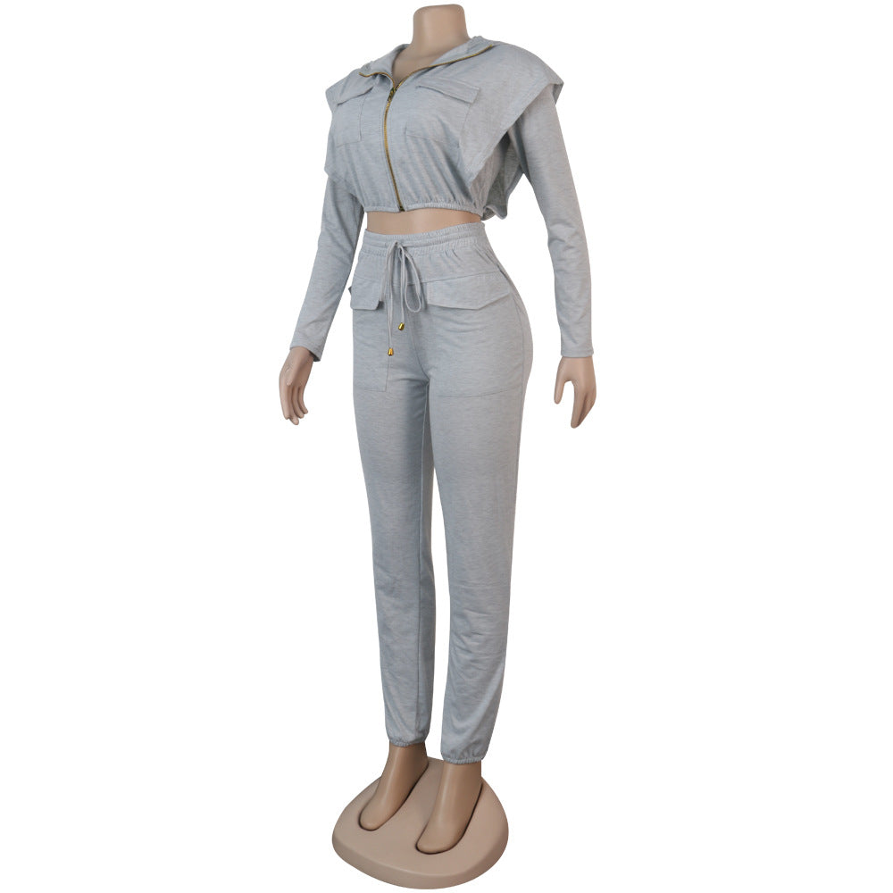 Women Sexy Zip with Cap Long Sleeve Top + Trousers Two-piece Set 16