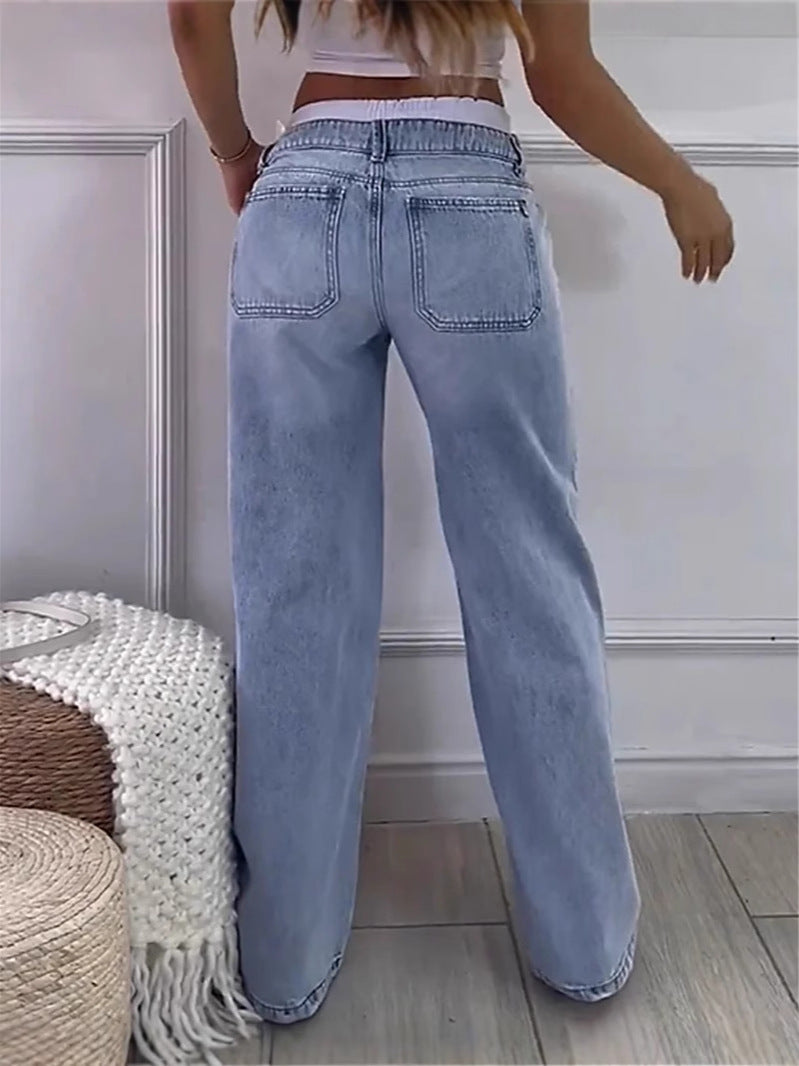 Women American Retro Non-elastic Contrast Color Wide Leg Denim Pants 6
