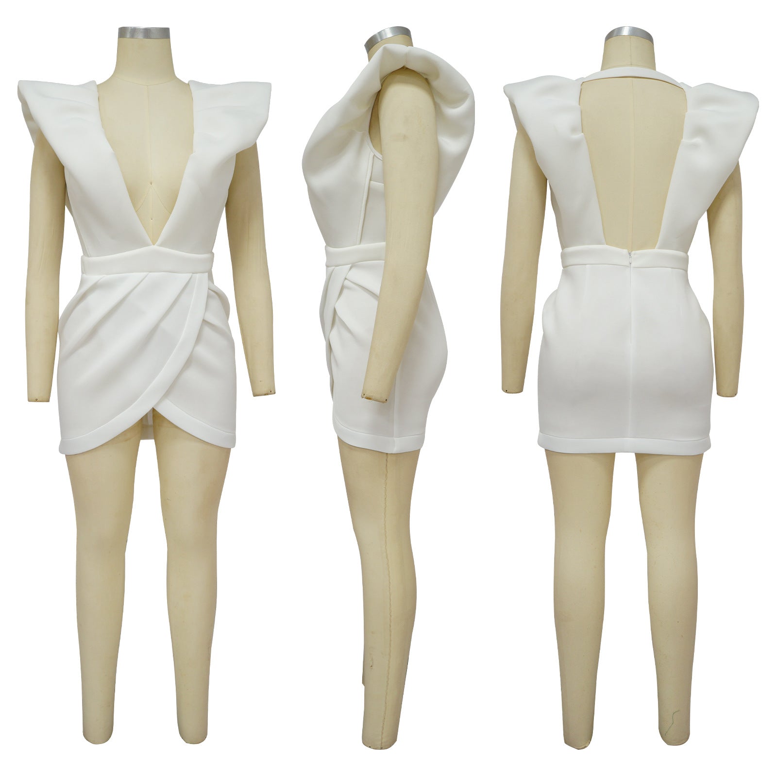 Women's Summer Sexy Deep V Short Sleeve Low Back Solid Color Dress 14