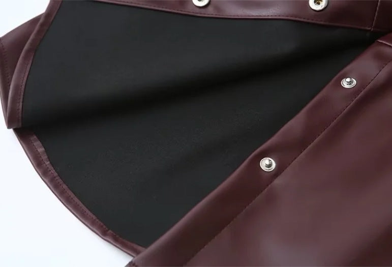 Women's Turndown Collar Button Pu Jacket Mini Skirt Two-Piece Set 20