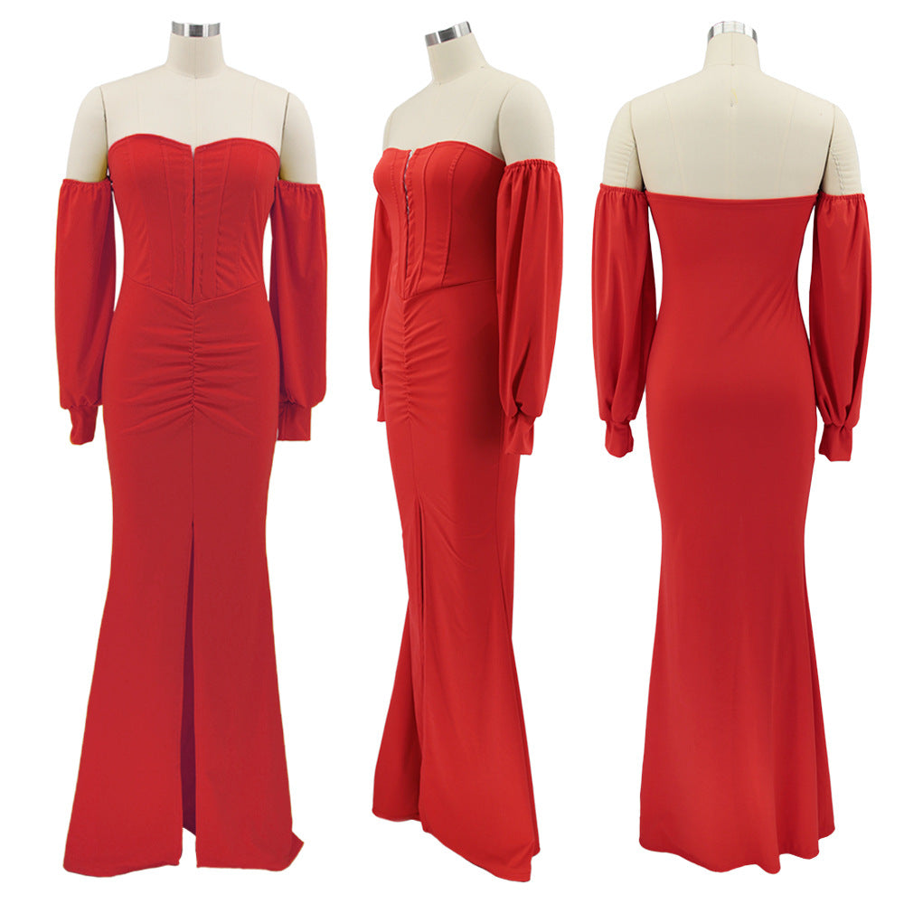 Women Solid Corset Sexy Long Sleeve Slit Party Dress 11