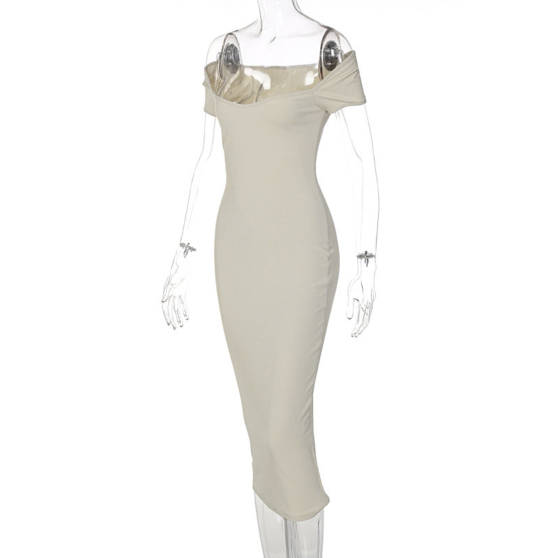 Summer Women's Off Shoulder Rib Long Slim Dress 11