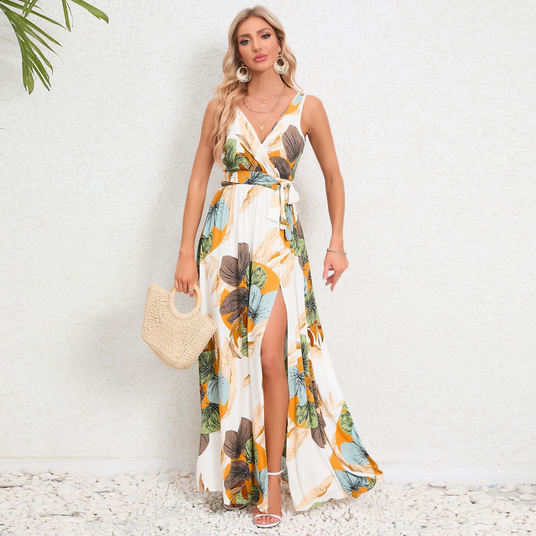 Summer Women's V-Neck Sleeveless Slit Printed Long Strap Dress 14