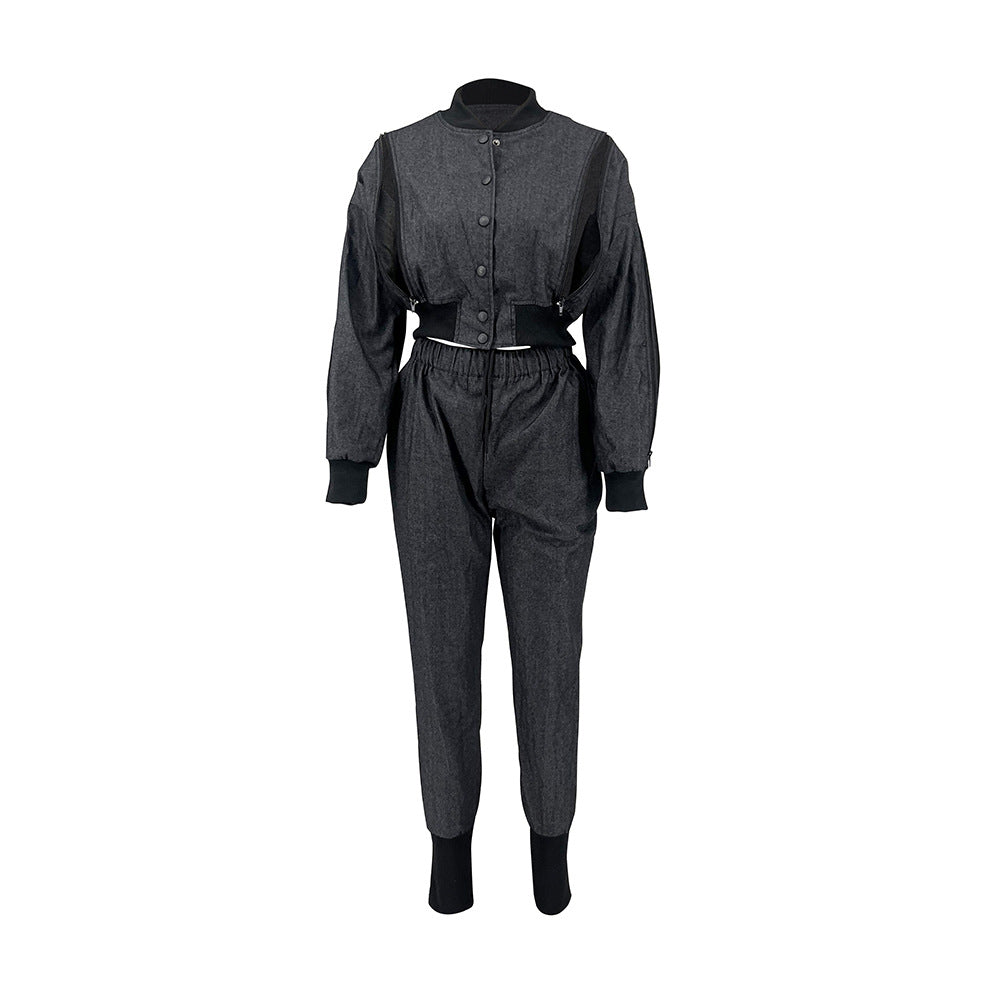 Women Style Zip Crop Coat and Pant Casual Denim Two-Piece Set 16