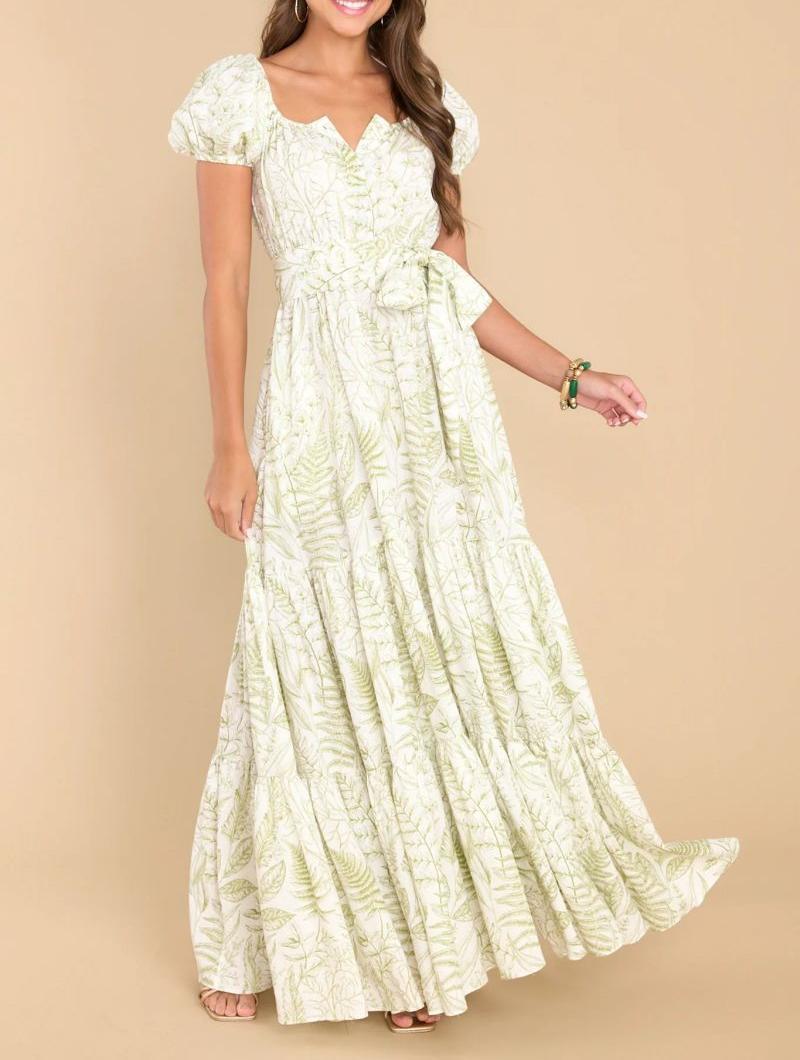 Spring Summer Printed Puff Sleeves Belt Chic Elegant Long Dress 7