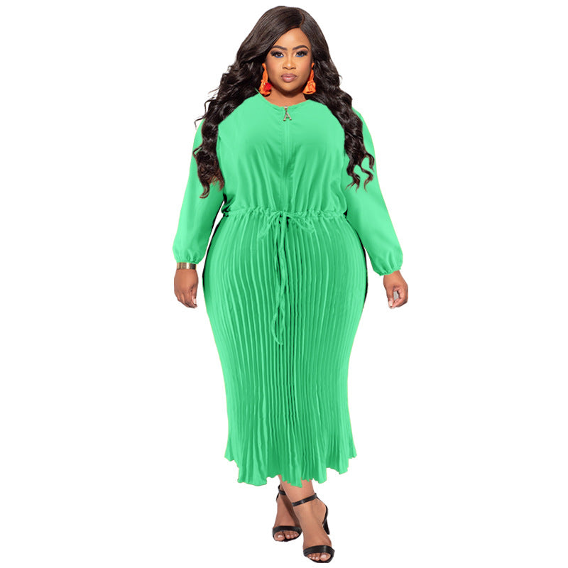 Plus Size Autumn Women's Zipper Round Neck Long Sleeve Pleated Dress 15