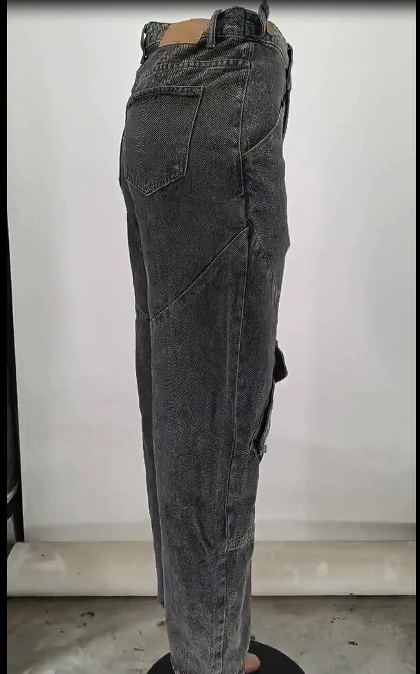 Pocket Cargo Washed Denim Pants Straight Women Jeans 6