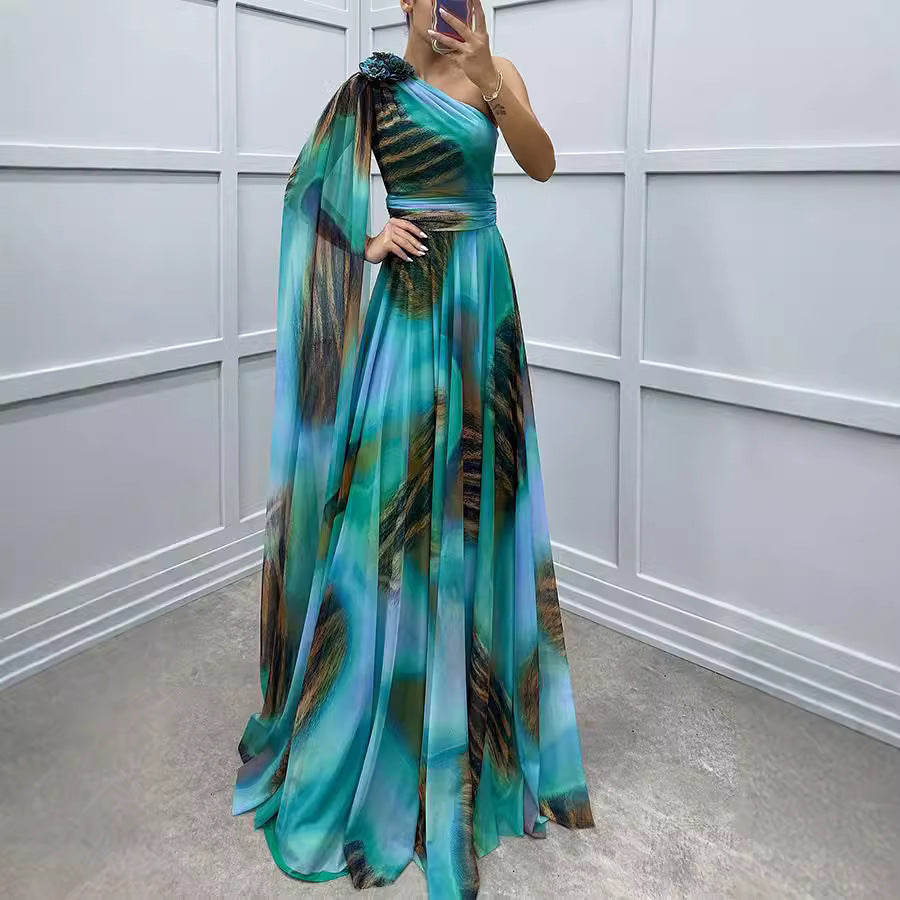 Women Casual Chiffon Print Slash Shoulder Dress 7