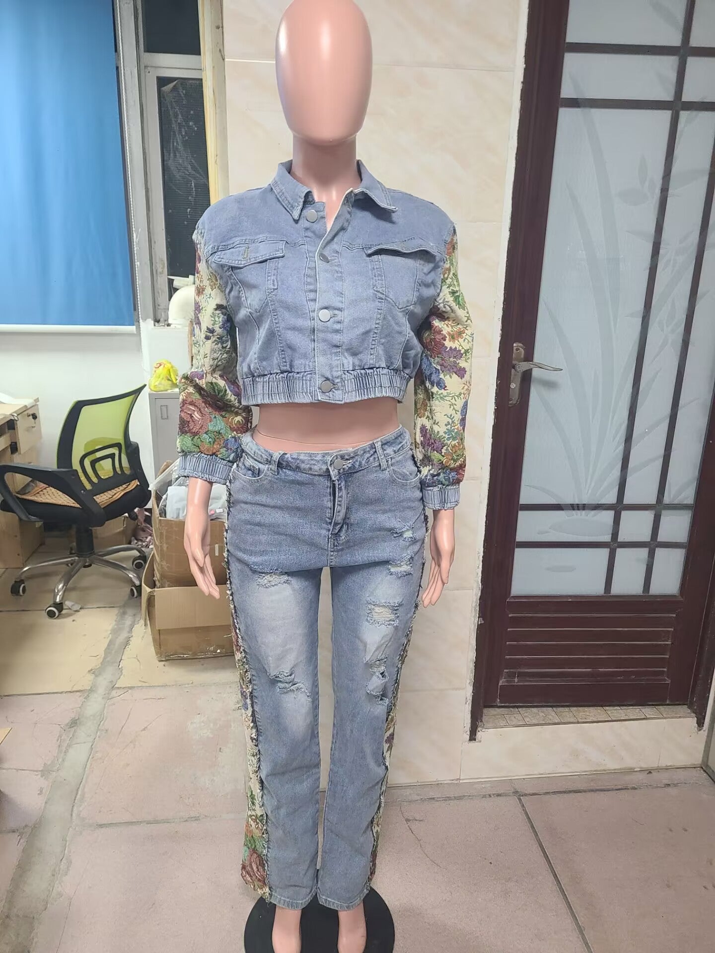 Women Fall Retro Patchwork Camouflage Print Top and Denim Pants Two Piece Set 11