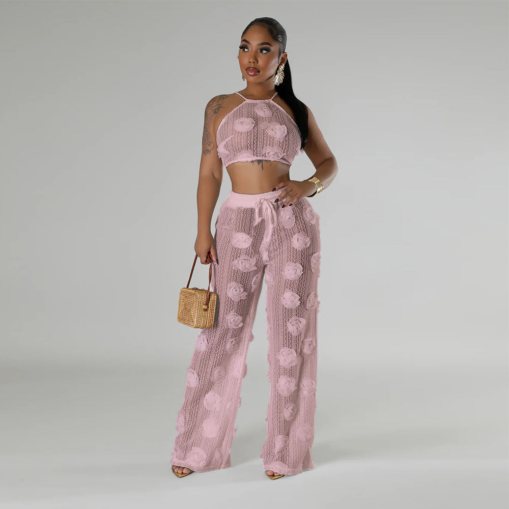 Women Solid Color See-Through Lace-Up Top Loose Slim Pants Two-Piece Set 13