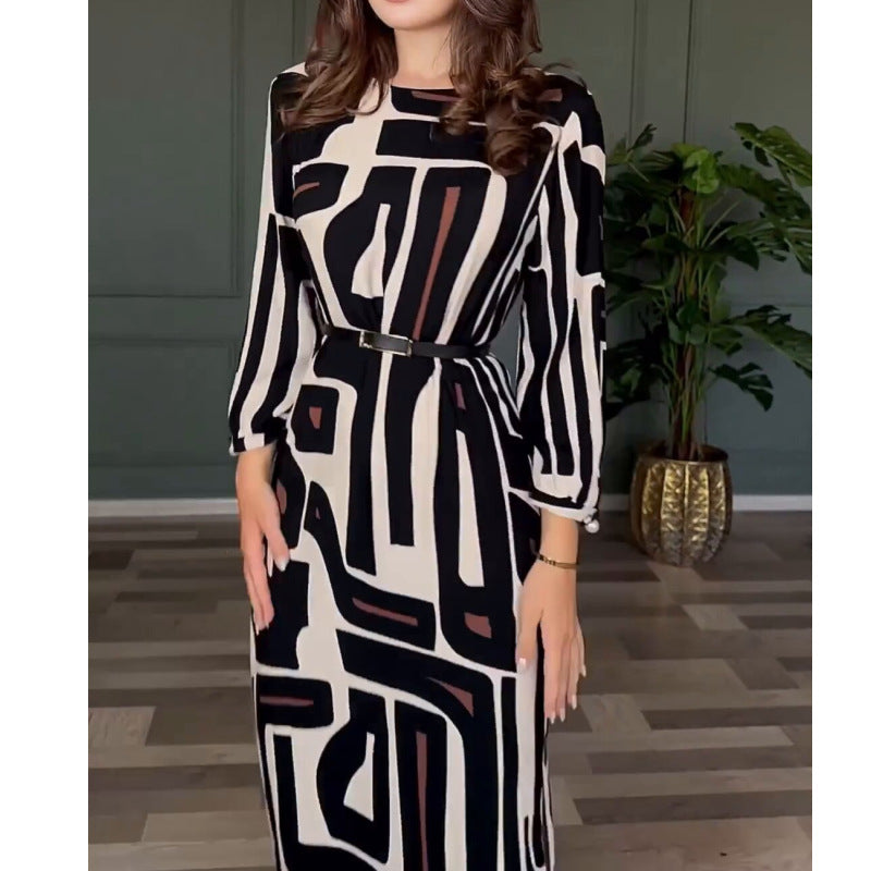 Women Autumn Geometric Print Elegant Dress 4