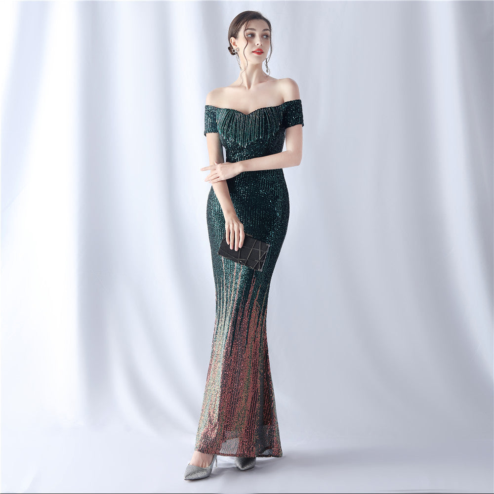 Women gradient beaded high-end evening dress 3
