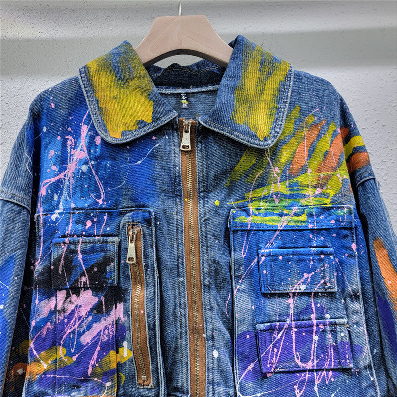 Fashionable Hand-Painted Graffiti Cargo Denim Top Women's Loose Shorts Jacket 4