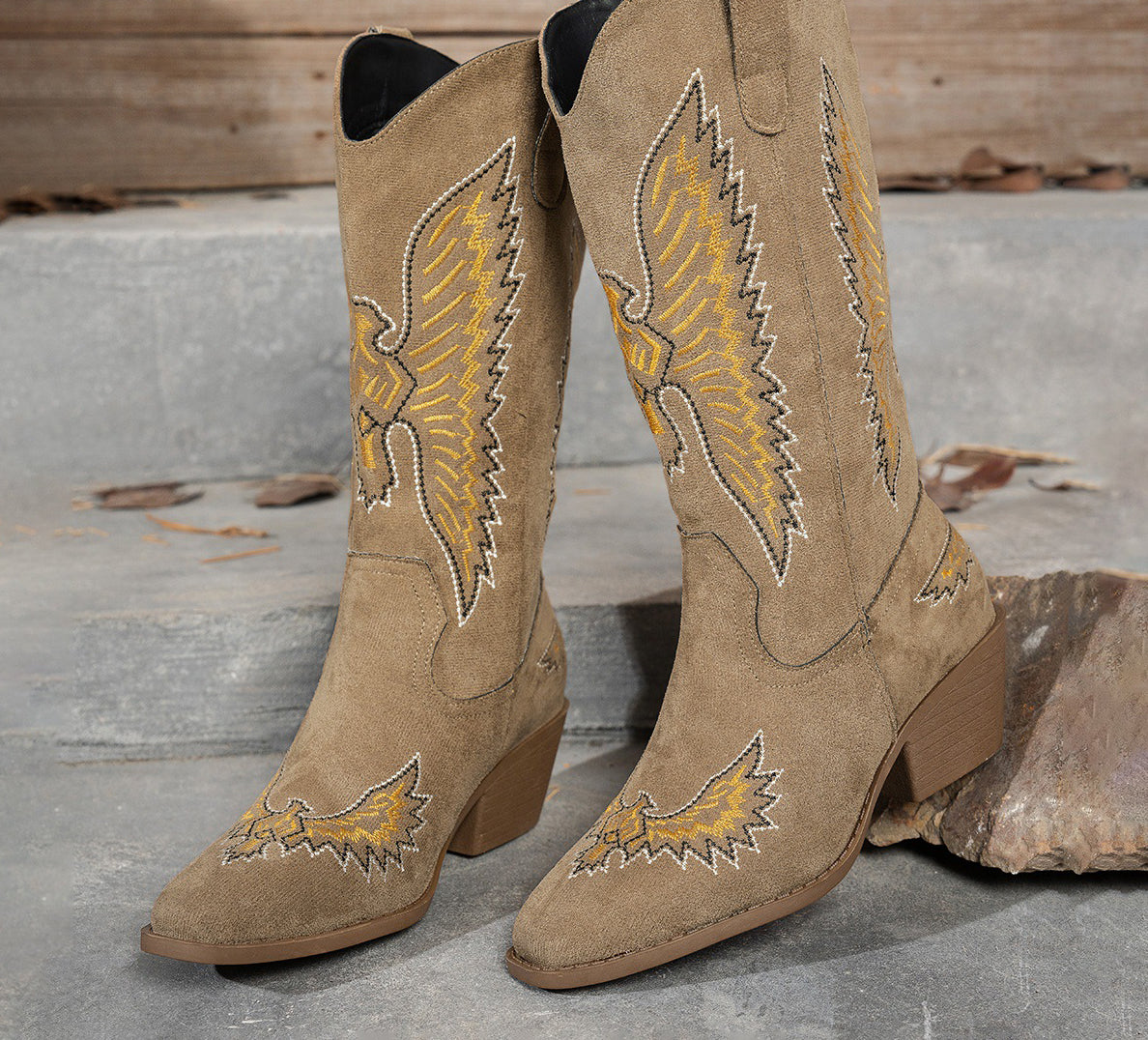 Women's Fashion Autumn Winter Mid Heel Round Toe Plus Size Embroidered Leather Boots 11