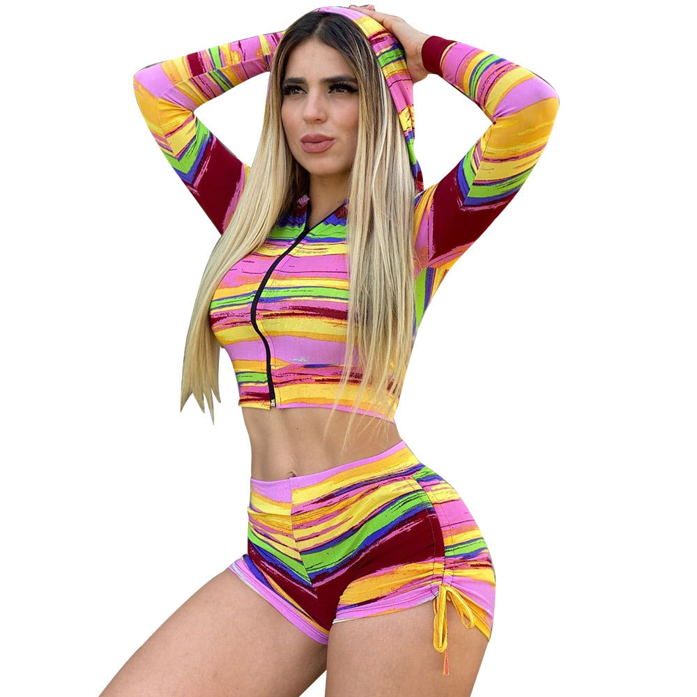 Print Hooded Zipper Long Sleeve Top Shorts Women's Casual Tracksuit 10