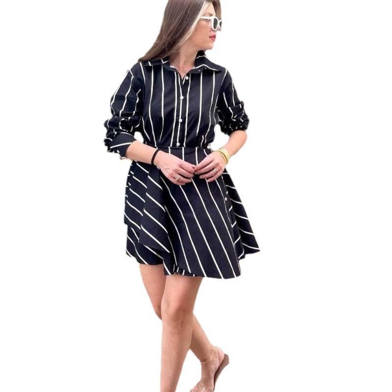 Women fashionable black and white striped print long sleeve dress 6