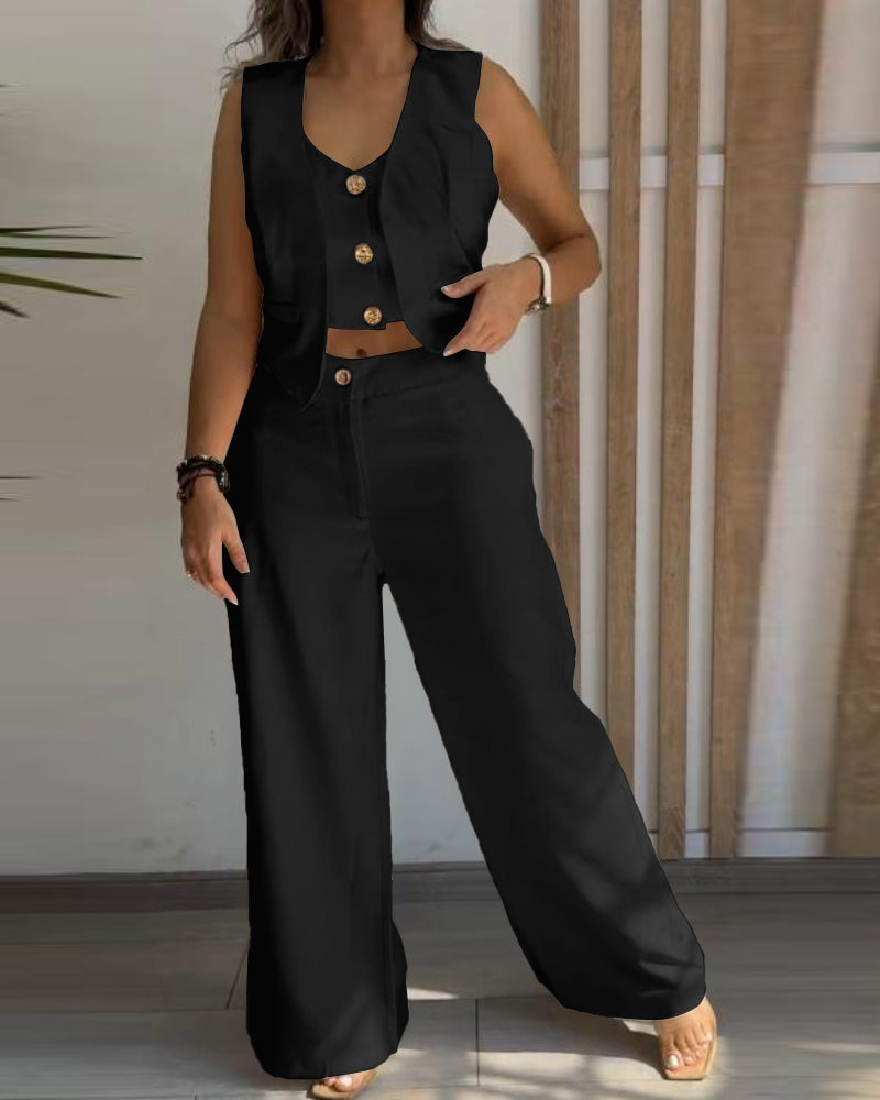 Women Metal Button Faux Sleeveless Top and Casual Solid Pant Two-Piece Set 3