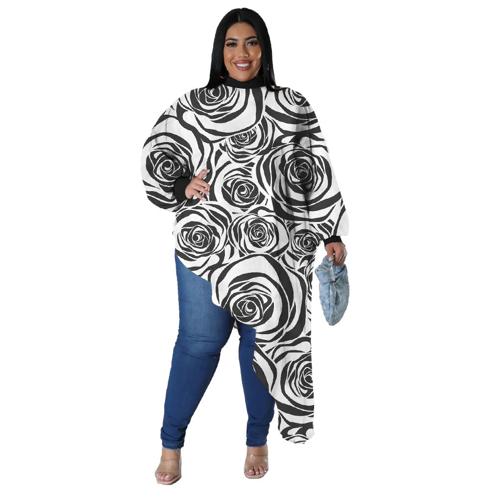 Plus Size Women Long Sleeve Round Neck Sexy Printed Chiffon Top 7