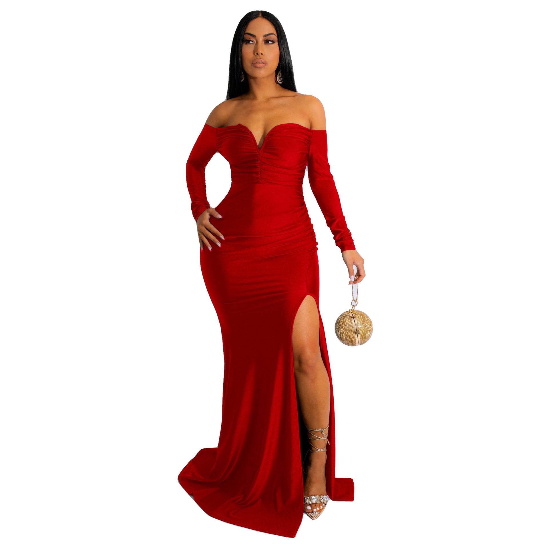 Women'S Sexy Solid Off Shoulder Long Sleeve Slit Evening Dress 12