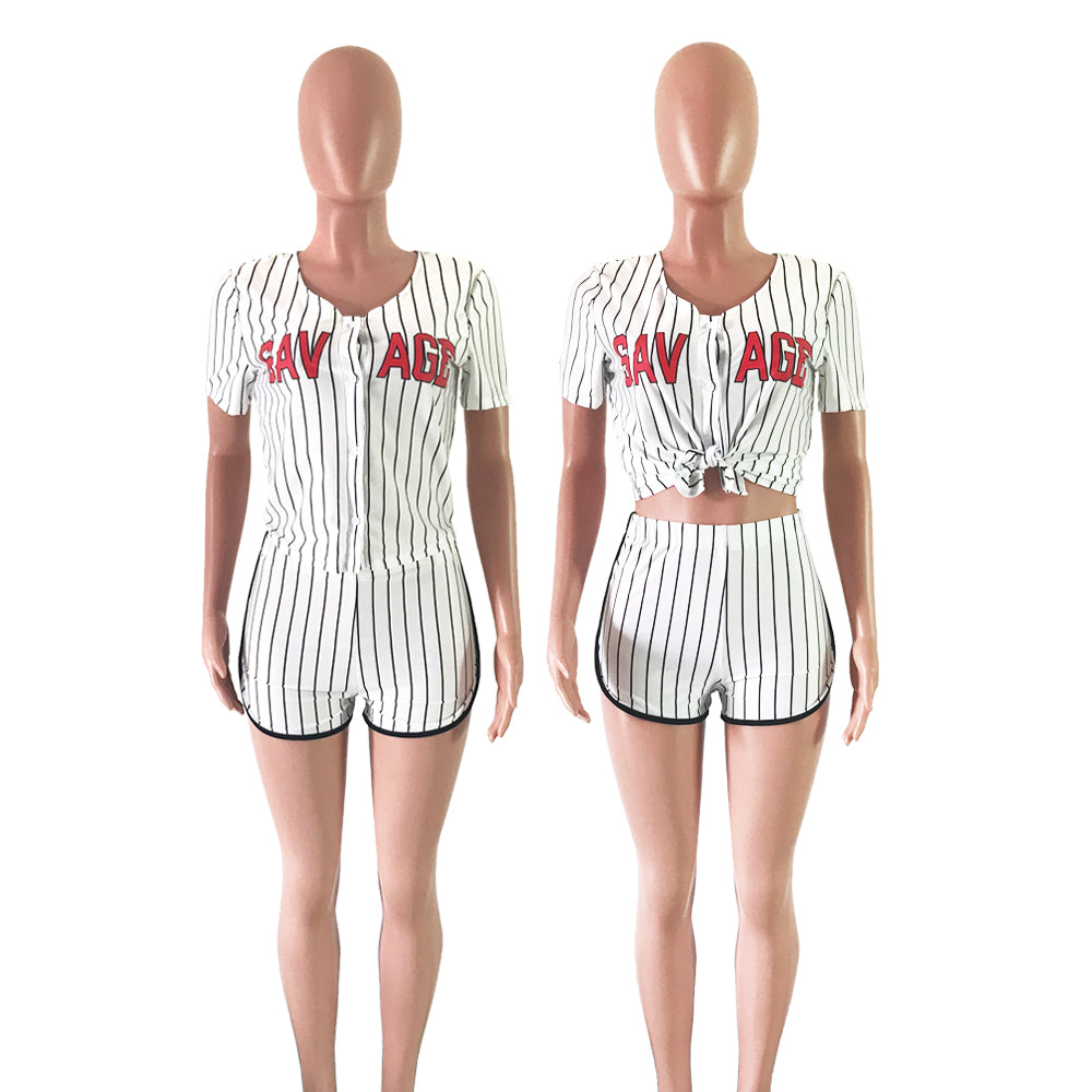 Women Sexy Women Striped Letter Baseball Top and Skirt Two-piece Set 55
