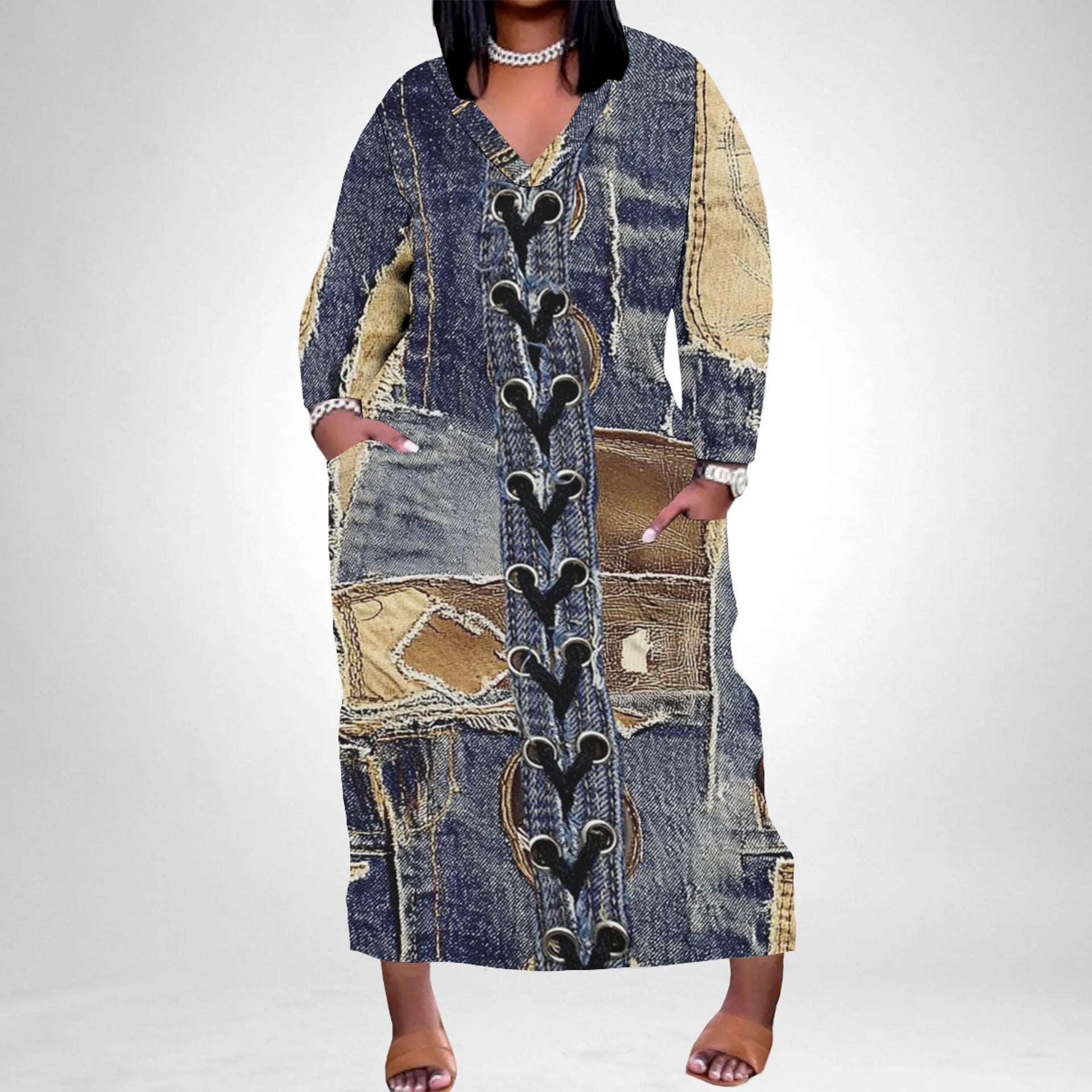 Women's Casual Printed Long Sleeves Plus Size Dress 4