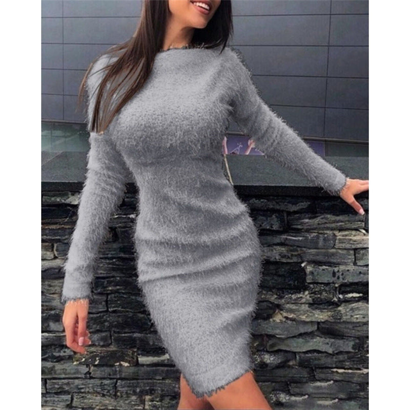 Women's Fall Winter Plush Slim Waist Long Sleeve Dress 13