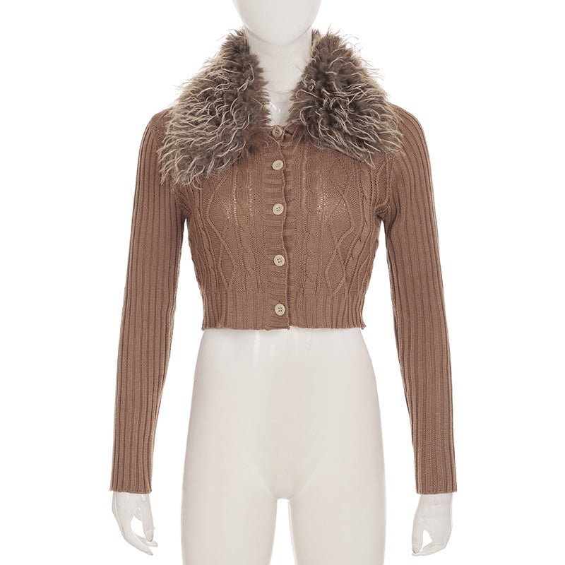 Autumn Winter American Detachable Fur Collar Cardigan Sweater Slim Short Jacket Top Women's Clothing 8