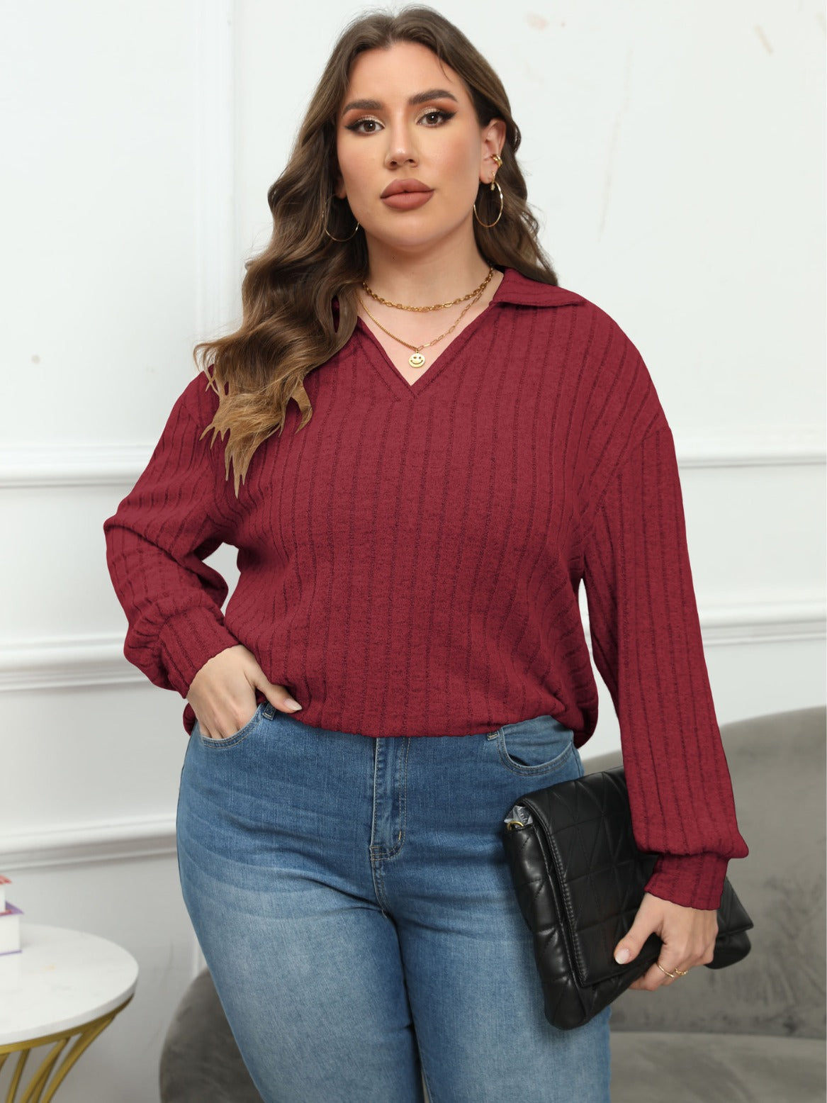 Women's Tops Plus Size Women's Turndown Collar Knitting Shirt Ribbed Basic Casual T-Shirt 7