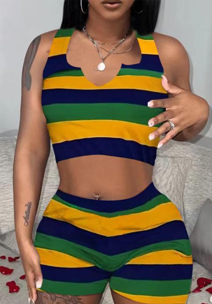 Stylish Casual Trendy Print Vest Shorts Two Piece Set