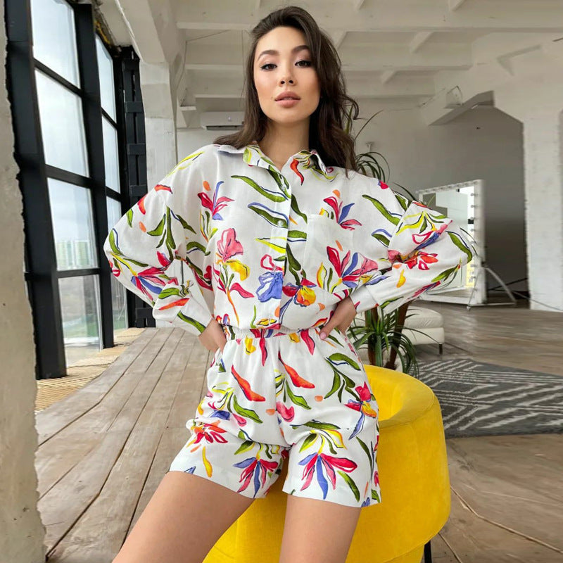 Fall Women Print Long Sleeve Shirt Shorts Women Two-Piece Set 8